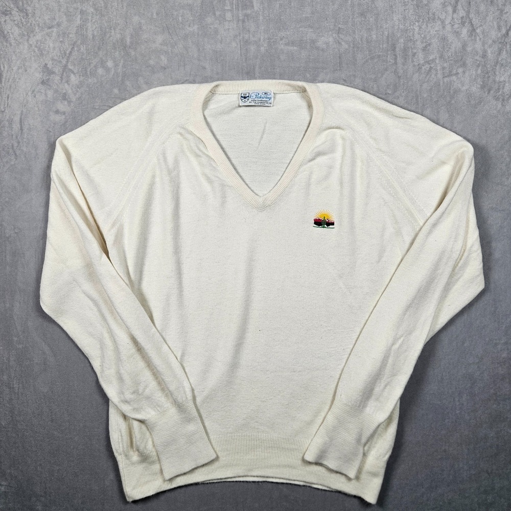 Vintage Pickering Sweater Mens XL White V-Neck Desert Logo Preppy Luxury USA 80s